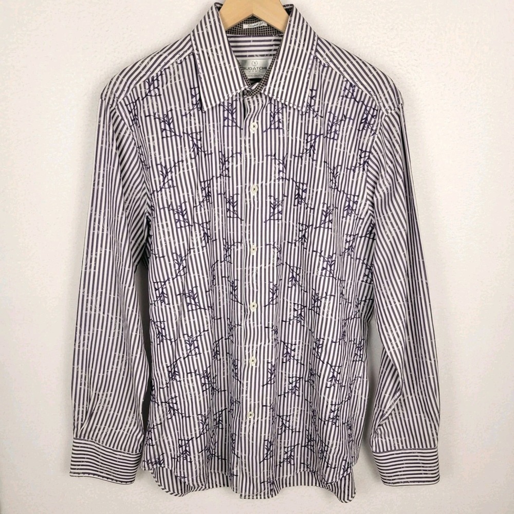 Bugatchi Uomo Men's L Shirt Striped Embroidered‎ Flip Cuff Shaped Fit Luxury LS
